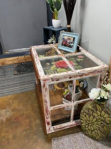 Rusty Chippy Vintage Antique and Garden Show window-frame table repurposed