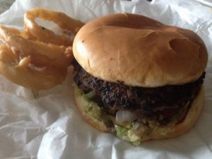 Bob's Better Burger hamburger and onion rings