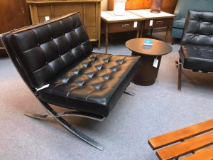 Mid Century Modern Black Leather Sofa Chair silver metal legs antique gallery lewisville texas