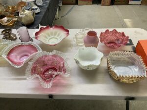 Coles Antique Show vintage glassware Fenton pink milk glass